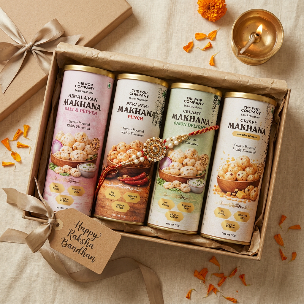 Rakhi Celebration Hamper — all four makhana flavours with a hand-tied rakhi