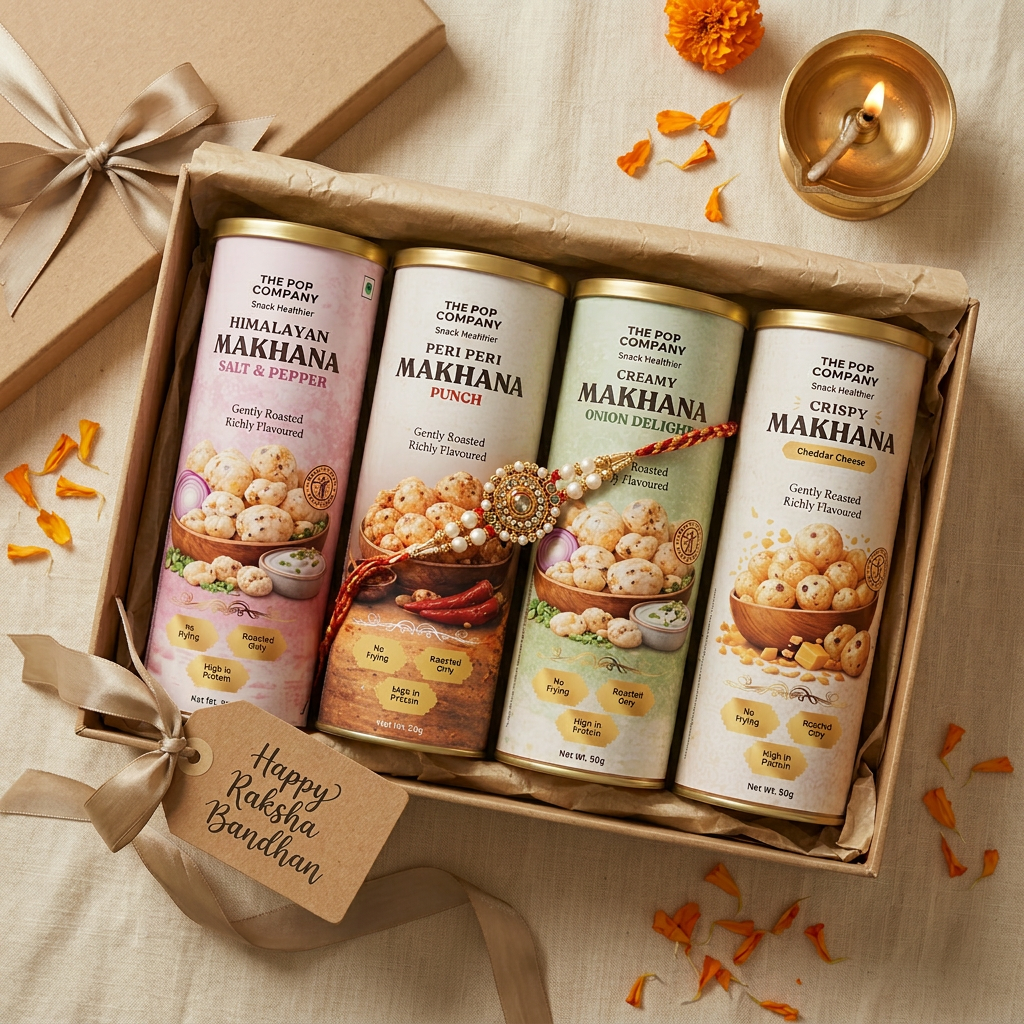 Rakhi Celebration Hamper — all four makhana flavours with a hand-tied rakhi
